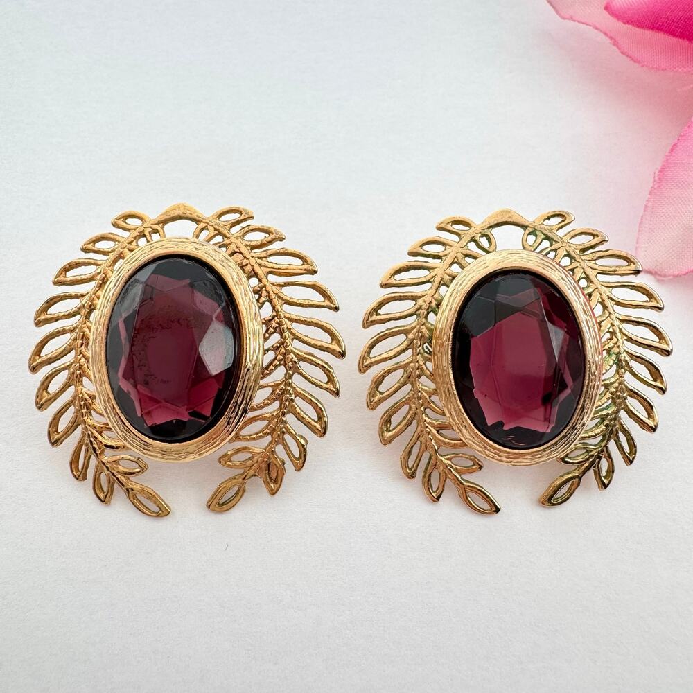 Vintage Amethyst Glass Earrings Branch Bezel Gold Tone Botanical Maximalist Glam